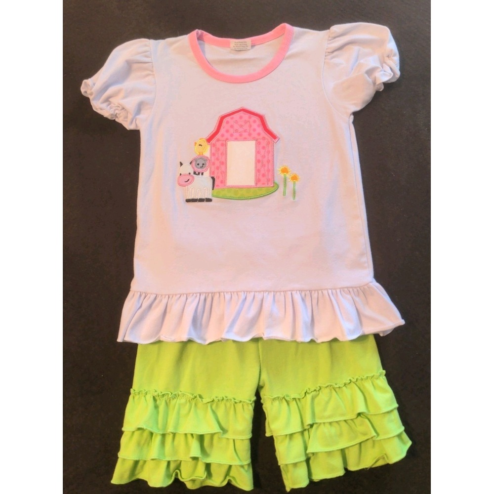 Local Boutique Farm Applique Toddler Girl Matching Short/ Shirt Set Size 4 T